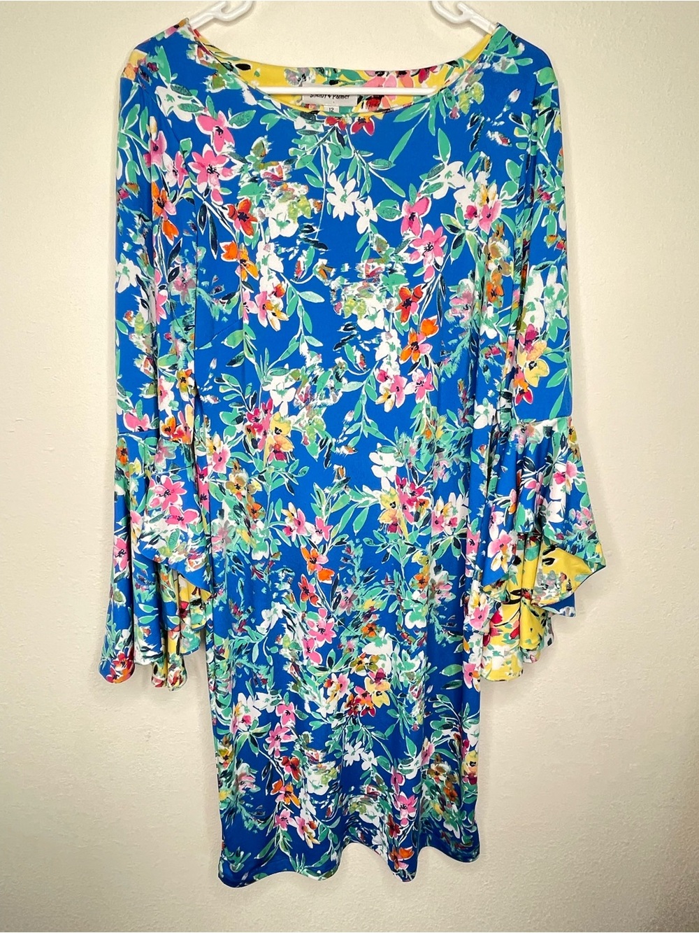 Shelby & Palmer Floral‎ Bell Sleeve Dress Statement Sleeves Blue Yellow Size 12